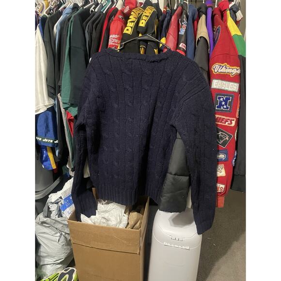 Size S- VTG Polo Ralph Lauren Cable Knit 100% Wool Sweater Men's Navy Blue - Picture 2 of 3